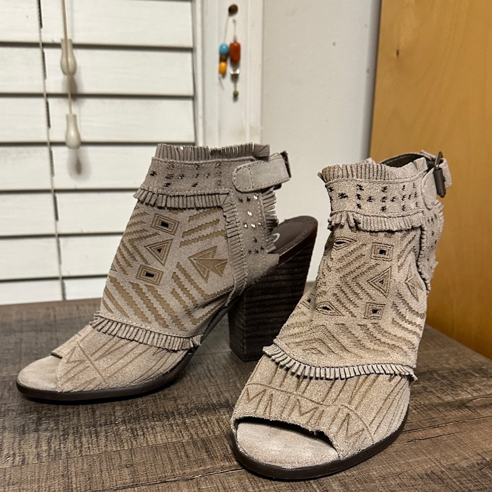 Naughty Monkey Taupe Fringed Open-Toe Heels - Picture 2 of 7